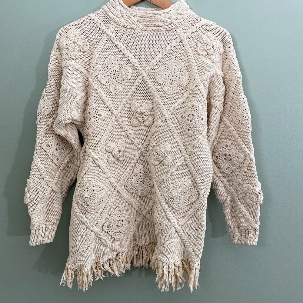 Crystal Kobe Sweater Womens Medium Tan Ramie Cotton Floral Heavyweight Fringe